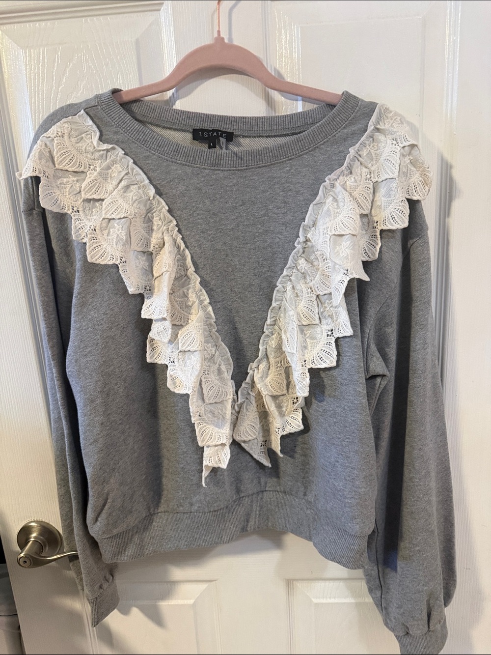 1. State Gray Sweatshirt with White Lace V-Ruffle